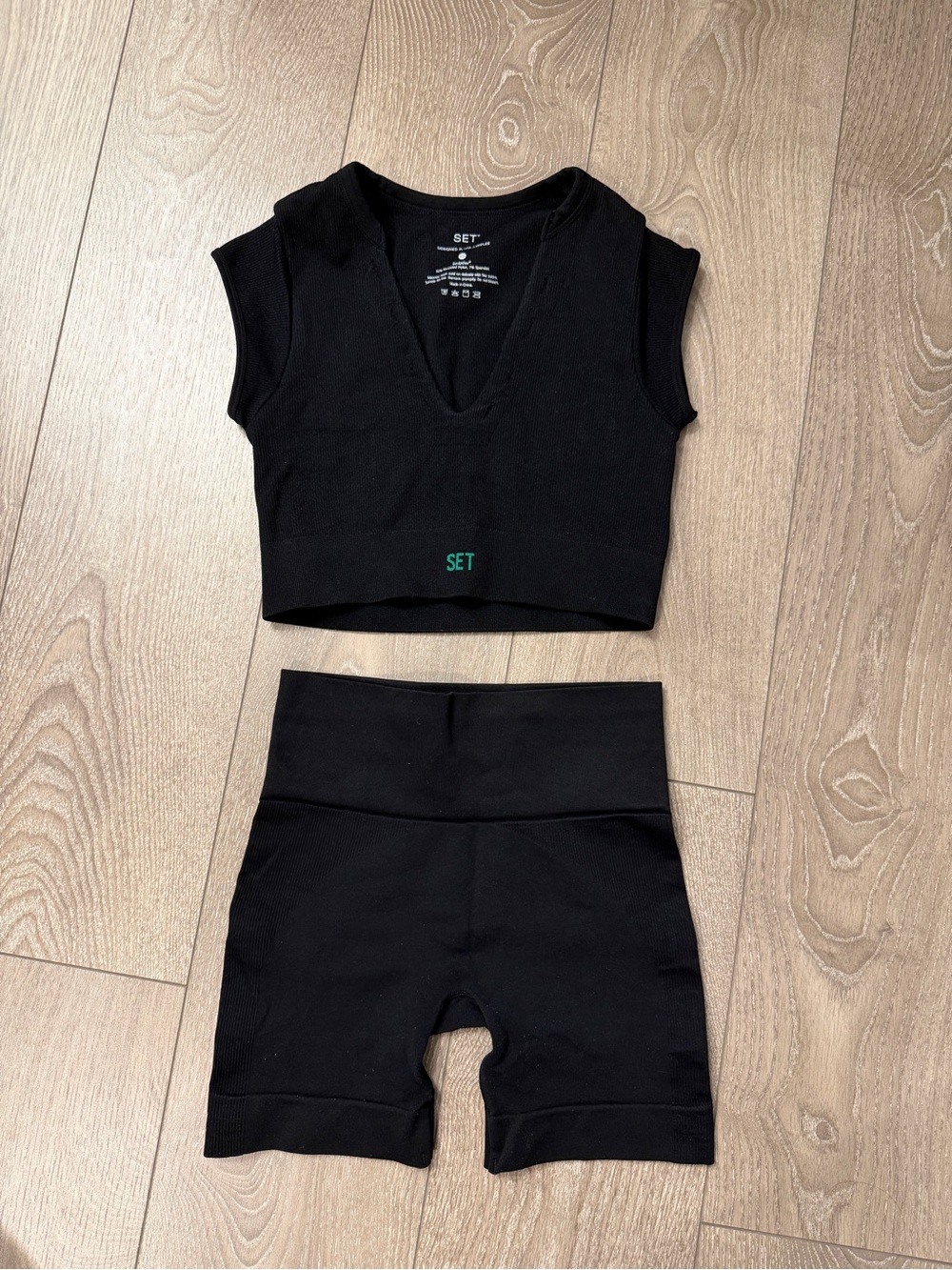 SET Active Black V-Neck Cropped Top & High-Waist Biker Shorts